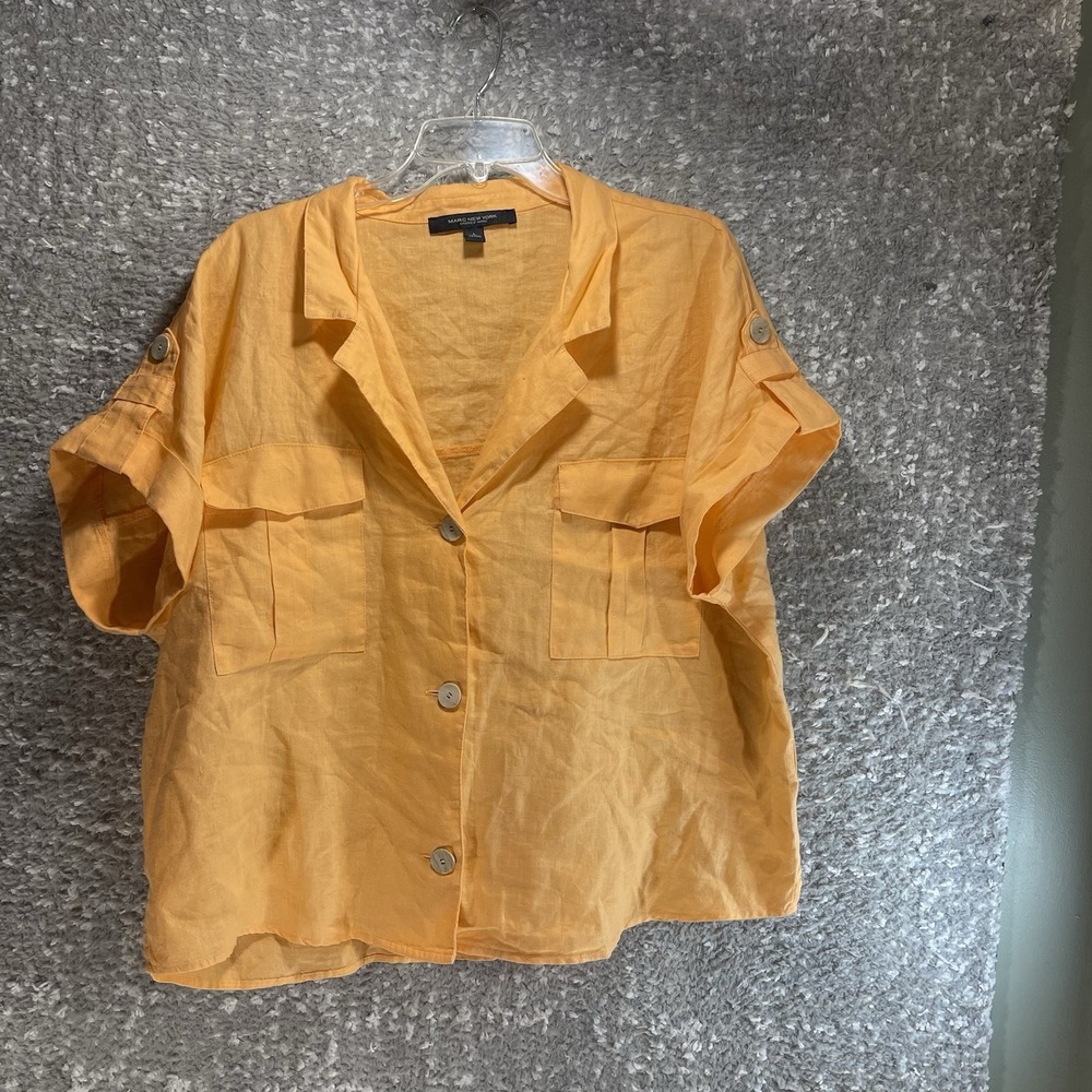 Andrew Marc New York Linen Shirt Large Boxy Abalone Buttons Coastal Oversized